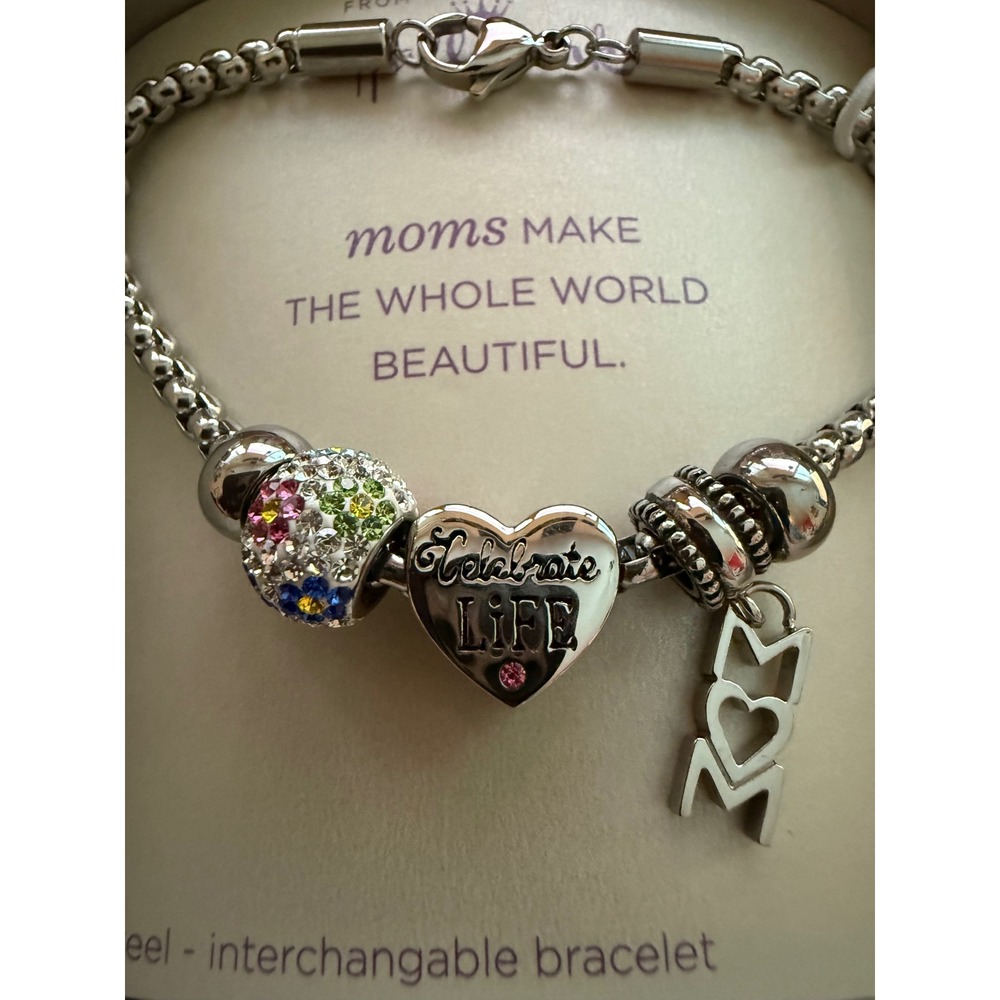 Connections from Hallmark Stainless Steel Mom Charm Bracelet Celebrate Life New
